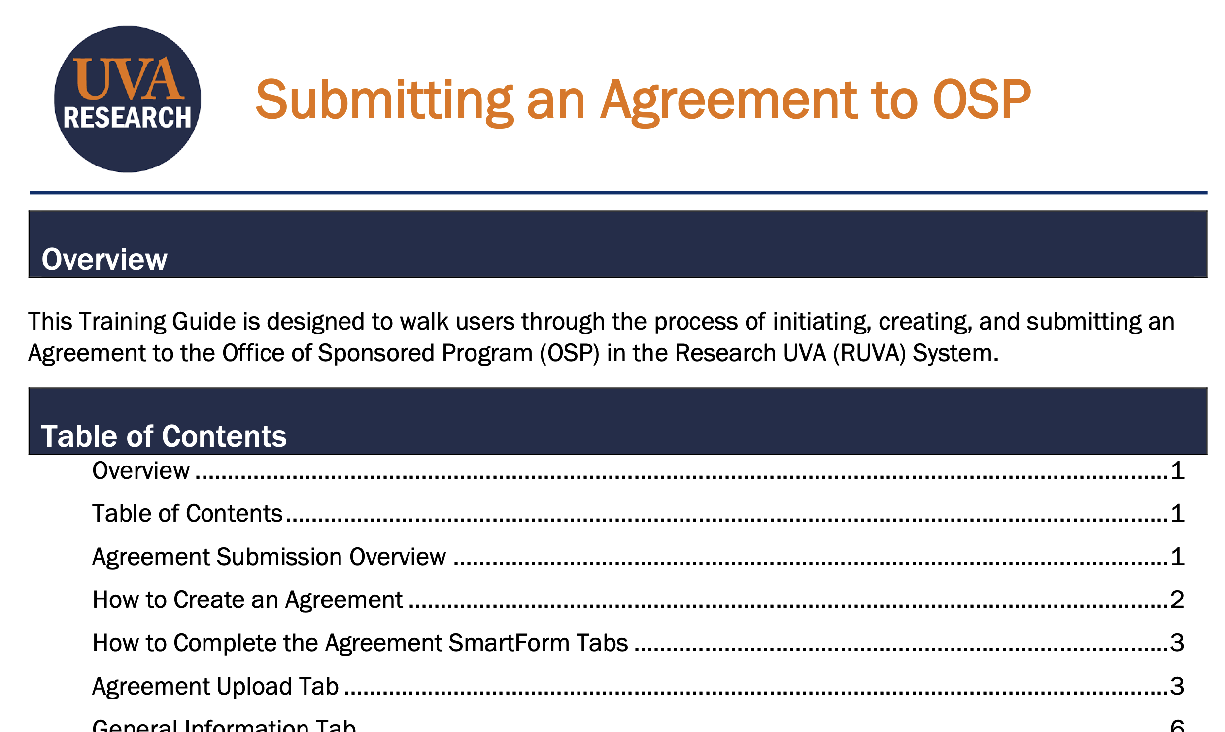 Screenshot of first page of updated job aid for submitting an agreement to OSP